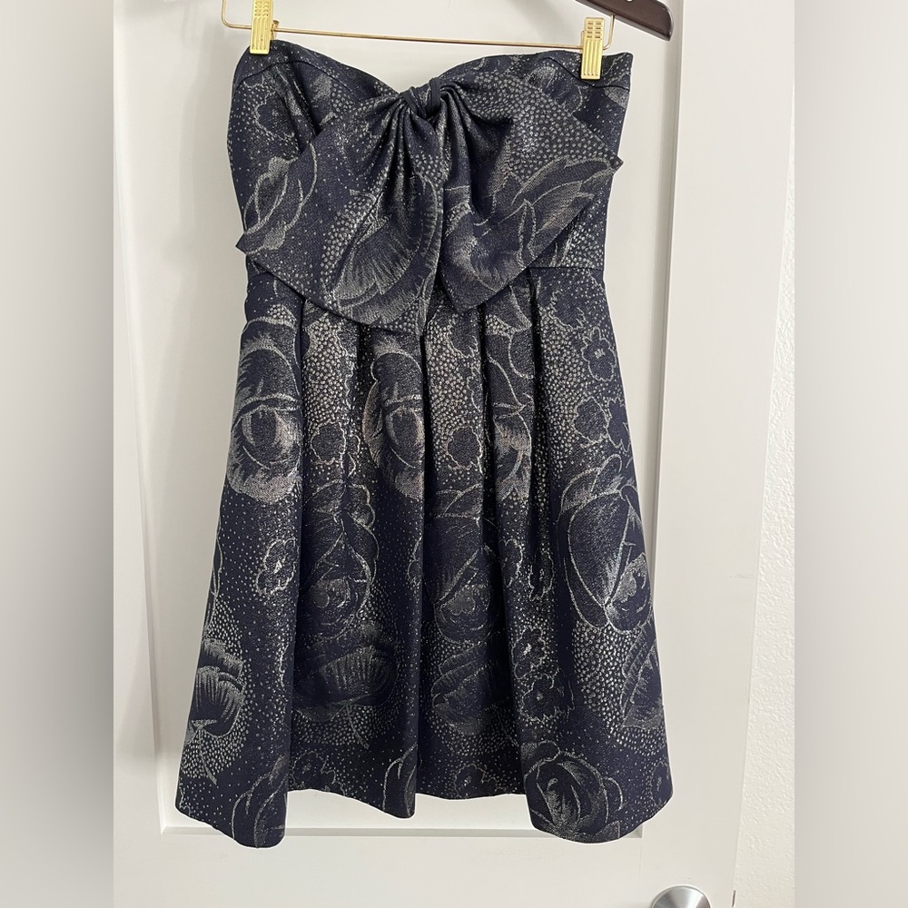 Rebecca Taylor midnight blue and silver strapless dress with large bow